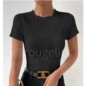 Textured Black Short Sleeve Fitted Tee Shirt Top